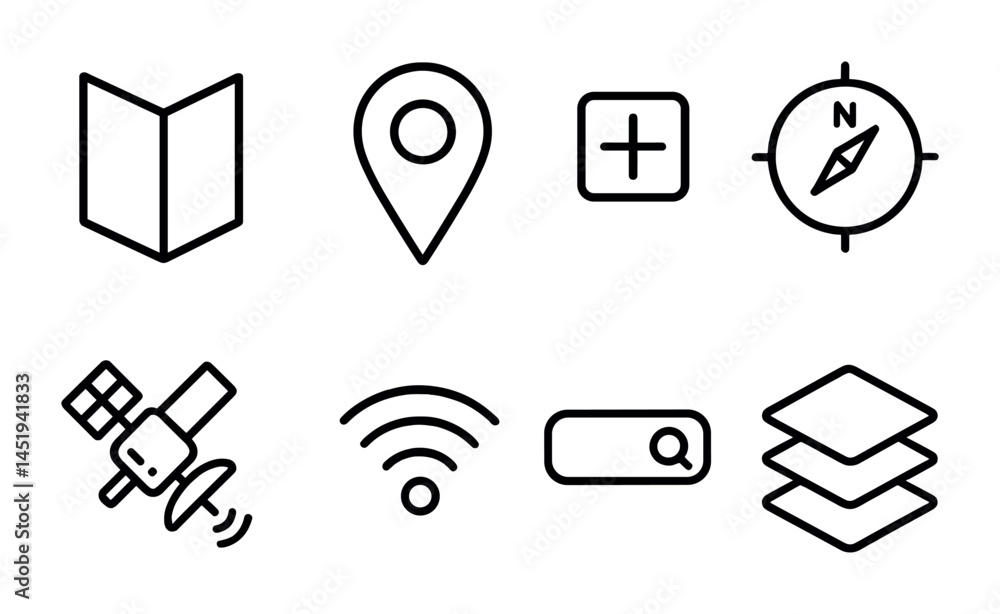 Poster navigation and map outline icons set – gps, location, direction symbols
