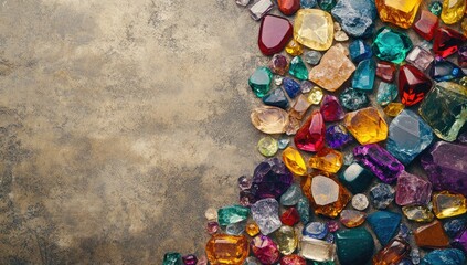 Fototapeta premium Colorful gemstones scattered on the ground, a 3D rendering with a solid color background. The gems of various colors form an abstract pattern.