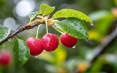 Obraz premium Vibrant red cherries hang from a green branch, glistening with droplets of water. A fresh and healthy symbol of nature's bounty in vibrant colors.