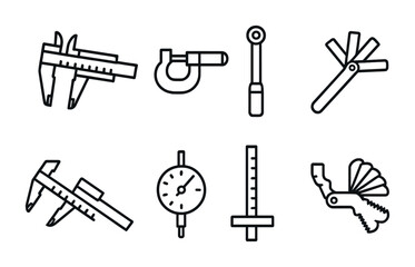 Precision measurement outline icons set – linear, flat, engineering tools