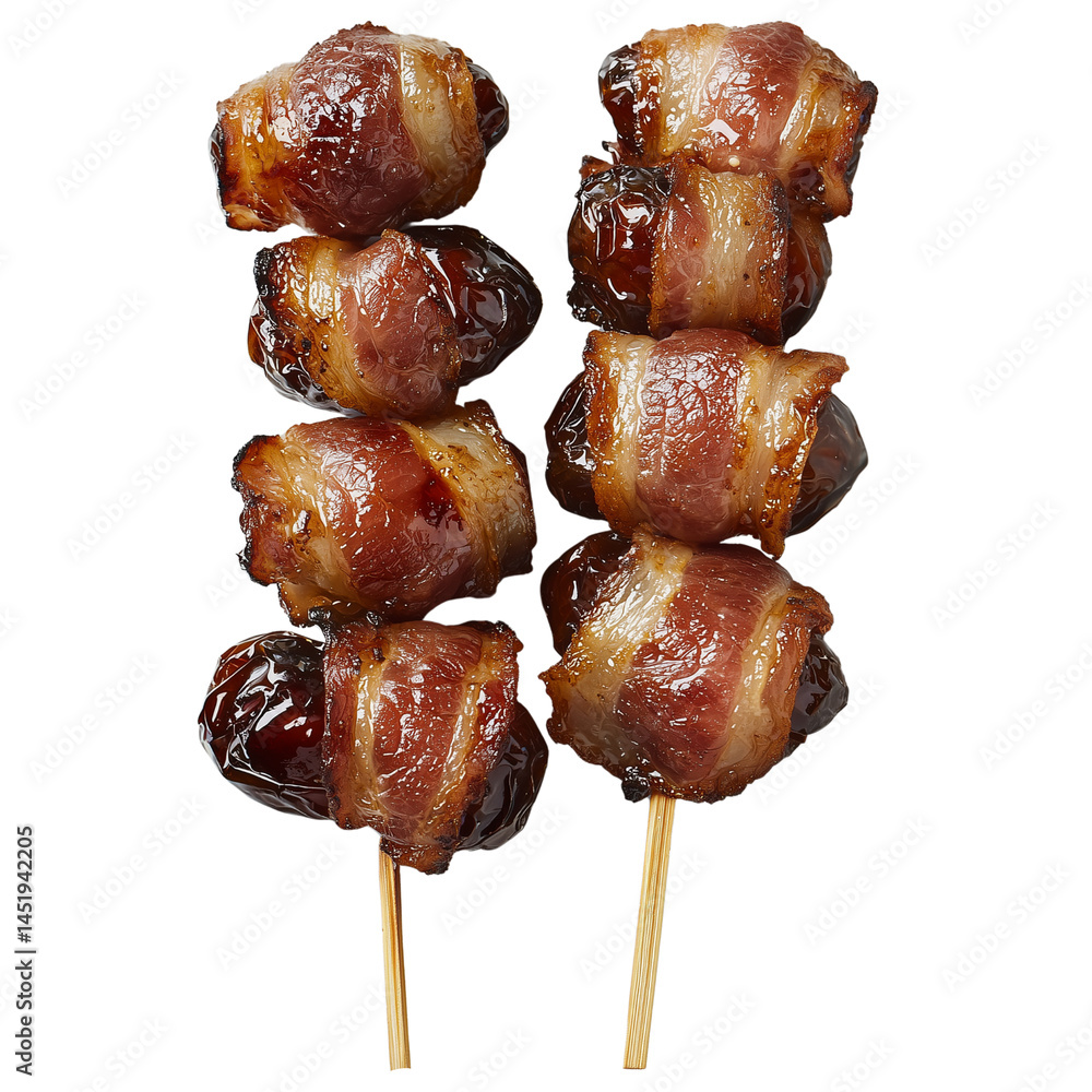 Poster Skewers of Grilled Bacon-Wrapped Dates, caramelized meat rolls presented on sticks showcasing appetizing textures and colors. isolated on white background and transparent background