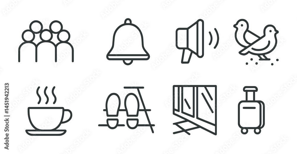 Poster essential communication icons set – outline, linear, messaging and notification symbols