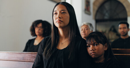 Funeral, family and woman in church, mourning and praying for loss, memorial service and...