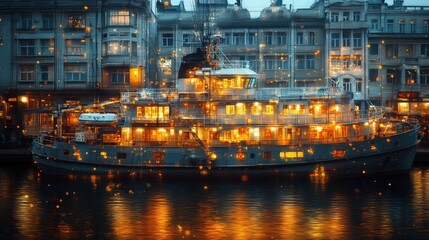 Fototapeta premium Illuminated ship docked at night, city backdrop