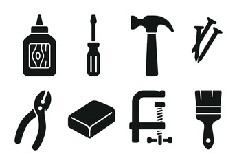 Diy tools silhouette icons set – flat, solid, repair and construction symbols