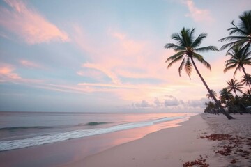Serene Sunset Beach: Palm Trees Silhouette at Dawn