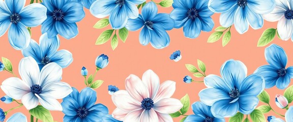 Seamless watercolor gouache floral pattern; Dutch-inspired blue flowers, soft, delicate, empty space, shabby chic, spring
