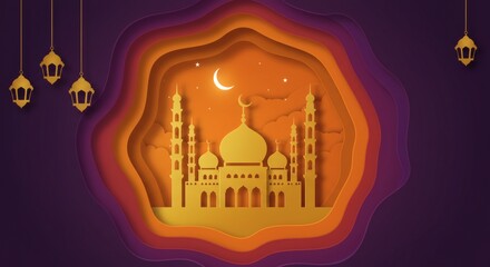 Celebrating Ramadan Islamic Mosque Design with Moon and Lanterns