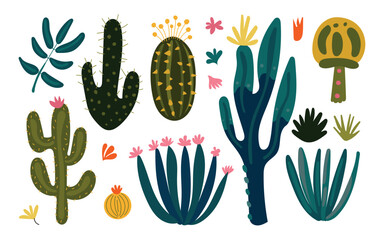 Colorful desert plant collection with abstract cactus, succulents, blooms, and unique foliage perfect for botanical prints and graphic design