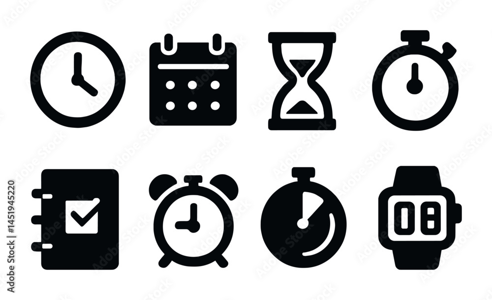 Poster time management solid icons set – clocks, timers, scheduling tools