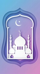 Obraz premium Elegant Mosque Silhouette with Crescent Moon and Layered Paper Cut Design