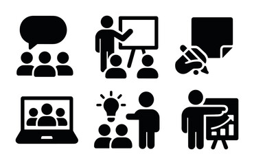 Business and communication solid icons set – filled, corporate, teamwork graphics