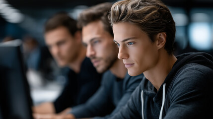 Obraz premium Three young men working together in a modern office environment setting