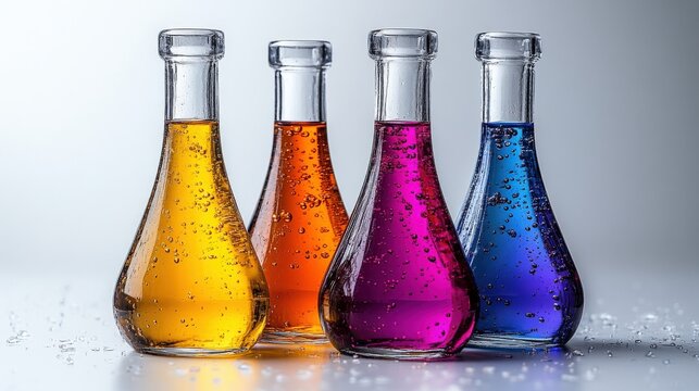 Colorful laboratory glass flasks with vibrant liquid chemicals in a row