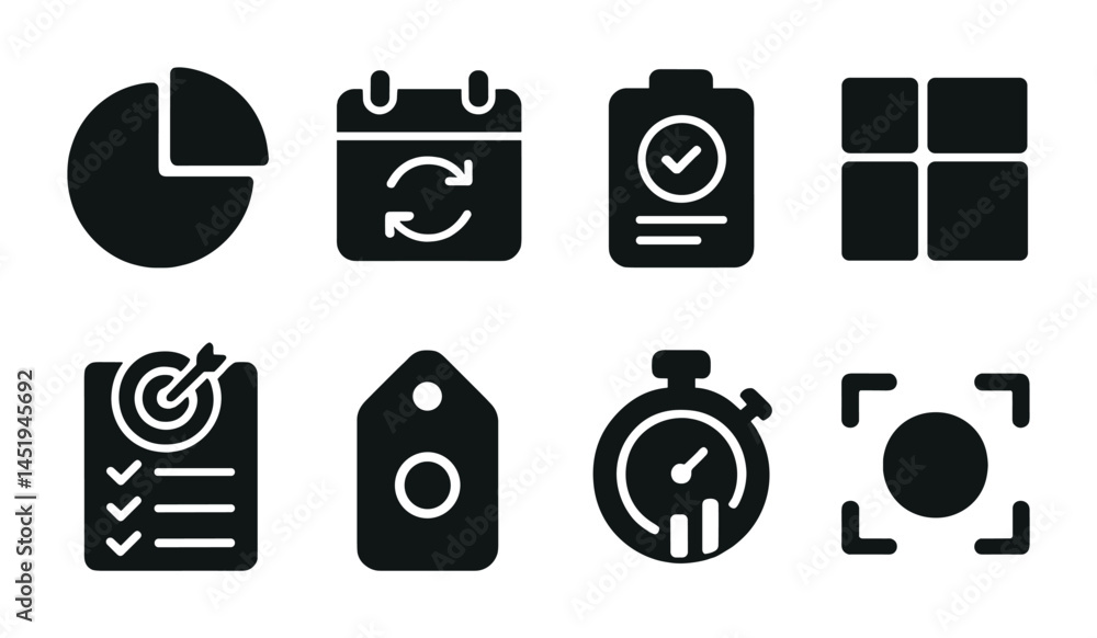 Poster business productivity solid icons set – filled, checklist and task management symbols