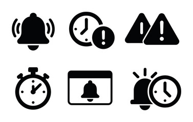 Notification and alert icons set – solid, silhouette, warning and bell symbols