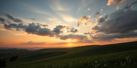 Sunset Panorama: Serene Rolling Hills and Dramatic Sky