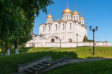 The Cathedral Assumption of the Blessed Virgin Mary (Assumption Cathedral) monument of white stone architecture of Ancient Russia on a sunny summer day, Vladimir, Russia