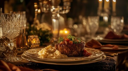 Gourmet steak dinner with mashed potatoes, elegant setting.