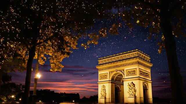 Night scene of Arc de Triomphe in Paris, France. Illuminated monument under a purple and pink twilight sky. Trees frame the scene, with sparkling lights resembling stars in the sky.