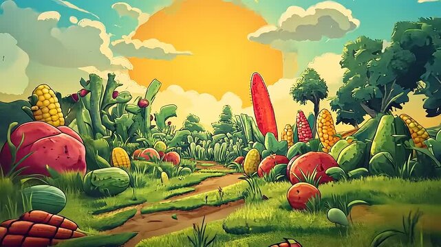 Vibrant animated landscape featuring oversized fruits and vegetables under a bright sun