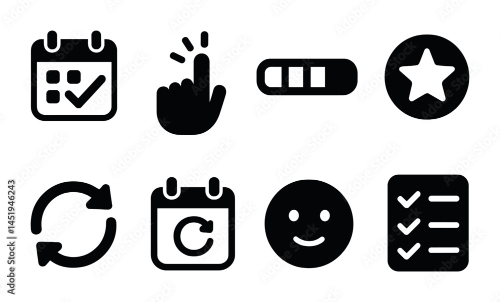 Poster productivity and task management solid icons set – filled, workflow, checklist symbols