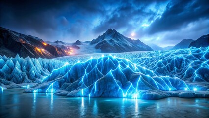 Serene glacial landscape at twilight, illuminated by an ethereal blue glow emanating from within the ice, with distant mountains and volcanic activity visible in the background.
