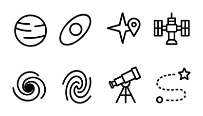 Astronomy outline icons set – celestial, space design, stargazing symbols