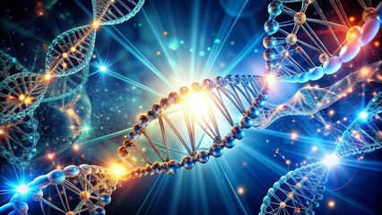 Obraz premium Illuminated Double Helix A Microscopic View of Genetic Material Intertwined with Radiant Energy and Glowing Particles