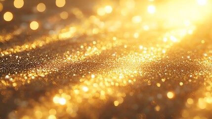 Close-up of shimmering golden glitter particles illuminated by soft light, creating a festive and luxurious atmosphere.