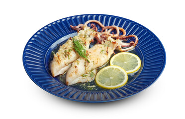 Grilled squid served with lemon slices and herbs on a deep blue plate, isolated on white background.