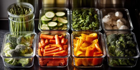 Crisp, fresh salad ingredients arranged in glass meal prep trays. Download this image to showcase healthy, ready-to-eat meal options.