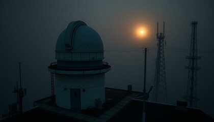 Obraz premium Rooftop Entrance to a Hidden Urban Observatory Surrounded by Fog