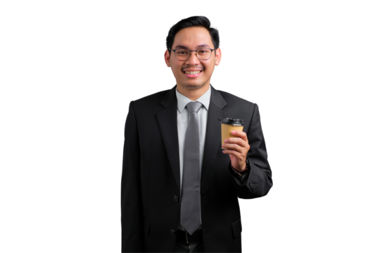 Happy young Asian businessman holding coffee cup and smiling isolated on transparent background