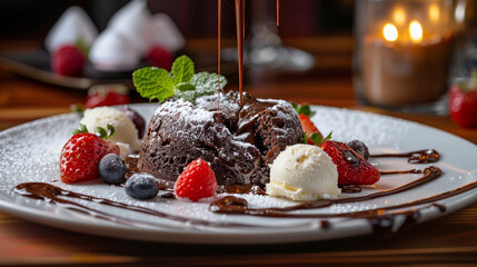 Indulgent Chocolate Lava Cake Dessert: A rich, molten chocolate cake oozing with warm ganache, artfully plated with a scoop of vanilla ice cream, fresh strawberries, raspberries, blueberries, powdered