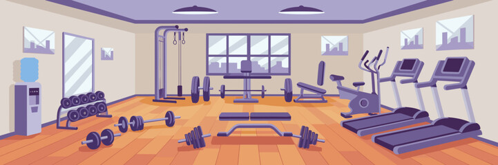 Vector gym interior with workout machines and fitness gear – Great for fitness facility brochures, exercise blogs, or personal training ads