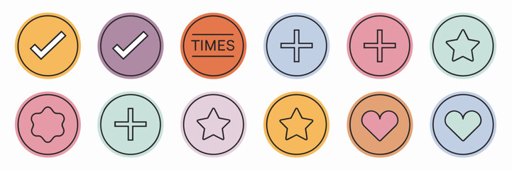 Obraz premium Circular sticker icons of basic symbols – Great for UI/UX design kits, educational tools, or graphic resources