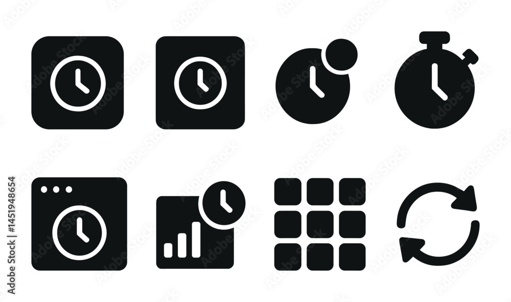 Poster time management solid icons set – filled, scheduling and productivity symbols