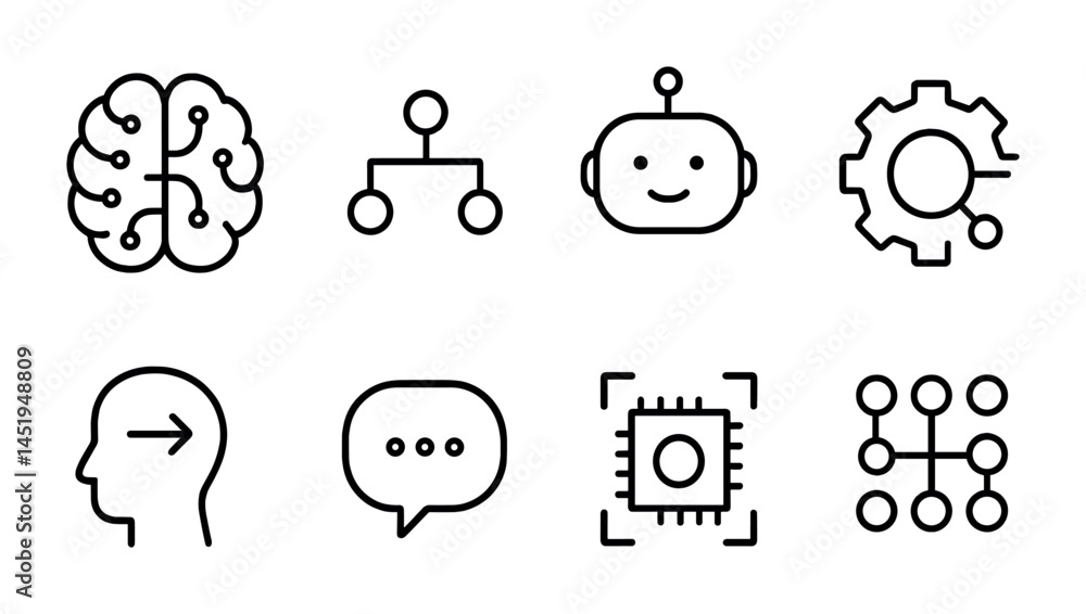 Poster artificial intelligence outline icons set – tech, ai, machine learning symbols