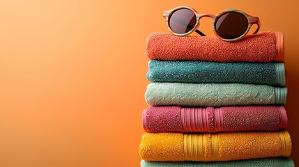 Vibrant stacked towels with sunglasses against a solid orange background