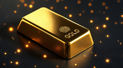 Luxurious gold bar shining brightly with sparkling lights in a dark background
