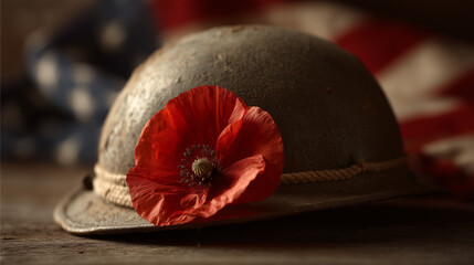 A red poppy on a soldier's helmet, symbolizing remembrance and sacrifice on Memorial Day