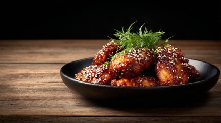 sesame glazed chicken wings on rustic wooden table
