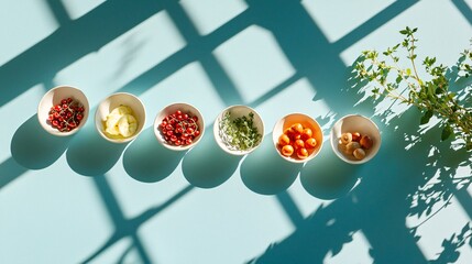Vintage kitchen counter with berries and herbs arranged in a single row near window with summer garden view, clean shadows, bright pastel mood, high quality editorial style