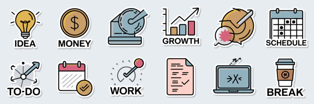 Business icon sticker pack with text elements like “Idea,” “Money,” “Growth,” and “Work” – Ideal for planners, productivity tools, or office decor