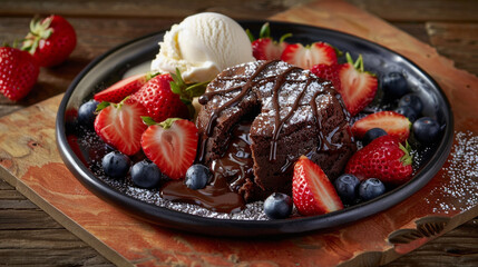 Indulgent Chocolate Lava Cake Dessert: A rich, molten chocolate cake oozing with warm ganache, artfully plated with a scoop of vanilla ice cream, fresh strawberries, raspberries, blueberries, powdered