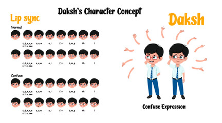 Confused school boy cartoon character lip sync, face expression & hand gesture