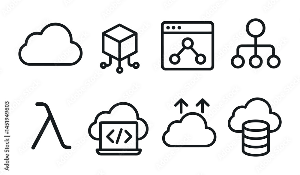 Poster cloud computing outline icons set – linear, network, technology symbols
