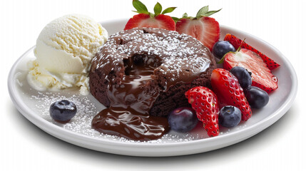 Indulgent Chocolate Lava Cake Dessert: A rich, molten chocolate cake oozing with warm ganache, artfully plated with a scoop of vanilla ice cream, fresh strawberries, raspberries, blueberries, powdered