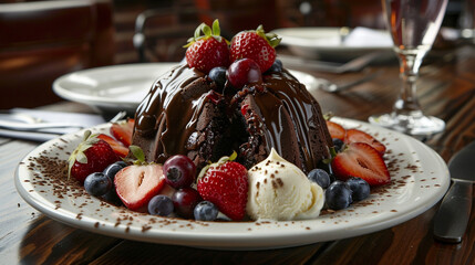 Indulgent Chocolate Lava Cake Dessert: A rich, molten chocolate cake oozing with warm ganache, artfully plated with a scoop of vanilla ice cream, fresh strawberries, raspberries, blueberries, powdered